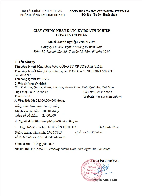 Giấy đăng ký kinh doanh Công ty  CP Toyota Vinh (Đơn vị chủ quản)