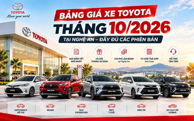 Bảng giá xe Toyota tháng 10/2026 tại Nghệ An – đầy đủ các phiên bản