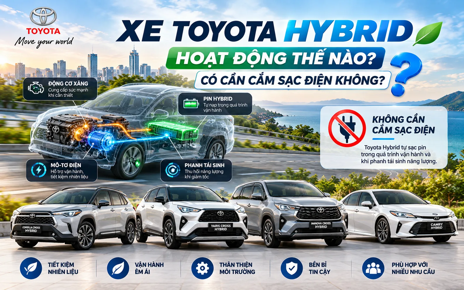 Xe Toyota Hybrid hoạt động thế nào? Có cần cắm sạc điện không?