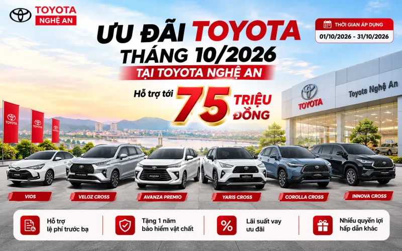 Ưu đãi Toyota tháng 10/2026 tại Nghệ An: Hỗ trợ 75 triệu