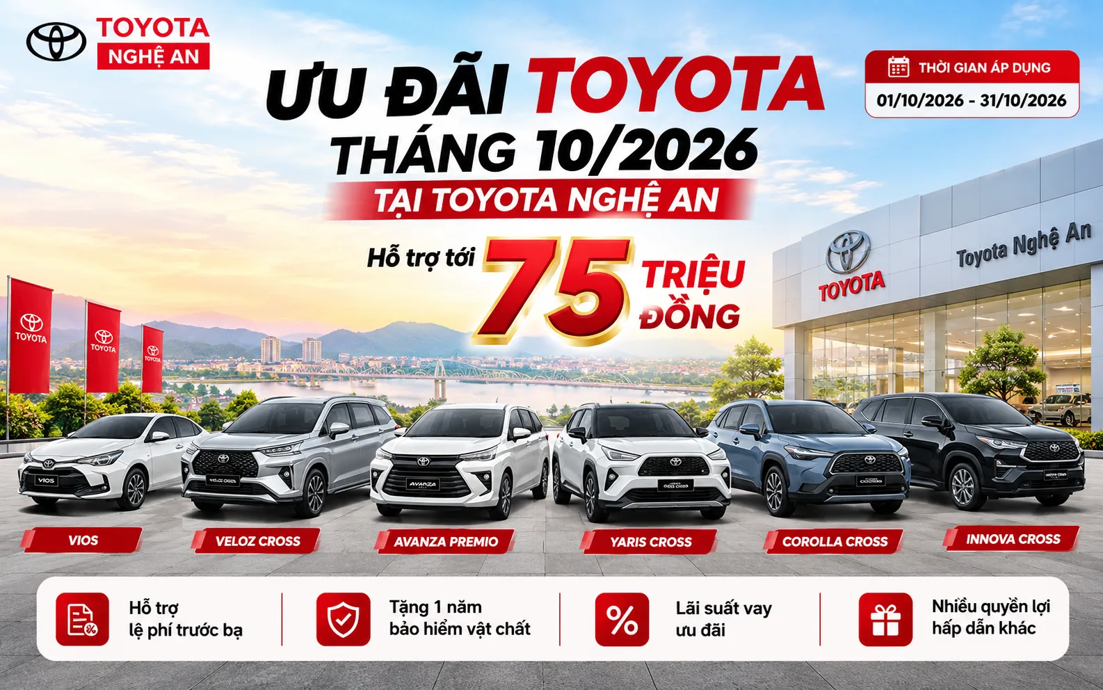 Ưu đãi Toyota tháng 10/2026 tại Nghệ An: Hỗ trợ 75 triệu